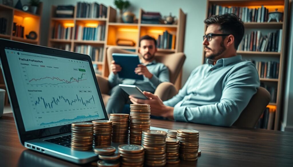 A brightly lit scene showcasing practical investment strategies for beginners. In the foreground, a sleek, modern laptop displays a financial dashboard, surrounded by stacks of coins and bills. In the middle ground, a thoughtful investor sits in a cozy armchair, studying stock charts and market data on a tablet. The background features a bookshelf filled with finance-related tomes, subtly illuminated by warm, ambient lighting. The overall mood is one of focus, confidence, and a sense of control over one's financial future.