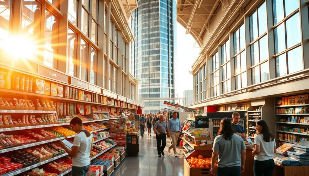 A bustling American marketplace, bathed in warm, golden sunlight streaming through large glass windows. Rows of neatly organized shelves display a vibrant array of goods - from fresh produce and gourmet snacks to high-tech electronics and home decor. Customers, dressed in casual attire, browse the aisles, examining products and conversing with friendly shopkeepers. The atmosphere is lively and inviting, conveying a sense of prosperity and consumer choice. In the background, a towering, modern building with sleek, angular architecture serves as a prominent backdrop, symbolizing the economic dynamism of the American financial landscape.