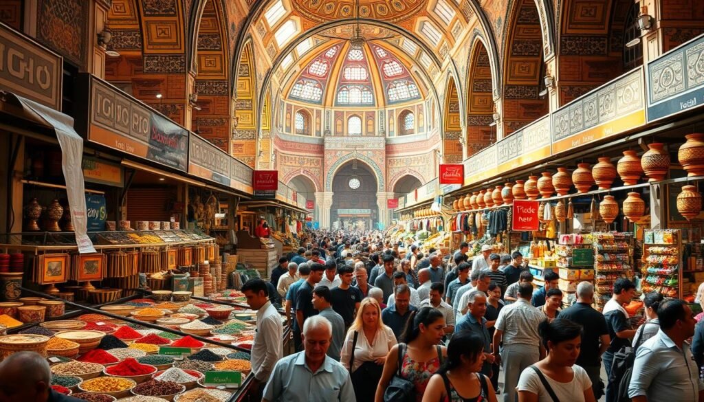 A bustling international marketplace, filled with vibrant colors, diverse cultures, and the hum of global commerce. In the foreground, rows of colorful stalls selling handcrafted goods, spices, and local delicacies from around the world. In the middle ground, a mosaic of people from different nationalities browsing and negotiating, their faces alight with the thrill of discovery. The background showcases the architectural splendor of the marketplace, with ornate domes, arches, and intricate patterns that evoke a sense of timeless tradition. Warm, natural lighting filters through the open-air spaces, casting a golden glow and highlighting the energy and vitality of this global hub. A scene that embodies the essence of geographic diversification, inviting the viewer to explore the wealth of opportunities that exist beyond their borders.