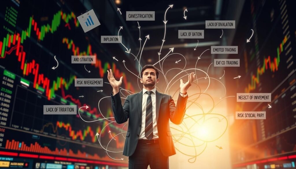 A bustling stock market backdrop, with candlestick charts, graphs, and financial data floating in the air. In the foreground, a perplexed investor stands, hands raised in a gesture of confusion, surrounded by a maze of tangled lines and arrows representing common investment pitfalls - impulsive decision-making, lack of diversification, emotion-driven trading, and neglect of risk management. The scene is bathed in a warm, golden light, creating a sense of contemplation and learning from past mistakes. The overall mood is one of thoughtful introspection, guiding the viewer to better understand the common errors that can hinder successful investing.