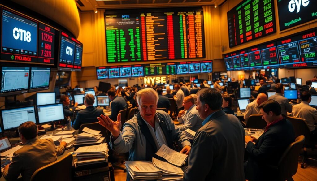 A bustling stock market trading floor, with traders intently studying financial data on computer screens. The room is bathed in a warm, golden light, creating a sense of urgency and focus. In the foreground, a trader gestures animatedly, surrounded by stacks of papers and charts. The middle ground features a range of traders, some engaged in heated discussions, others poring over financial reports. In the background, a large electronic display board showcases real-time stock prices and market indicators. The overall atmosphere conveys the fast-paced, high-stakes nature of short-term stock market investments.