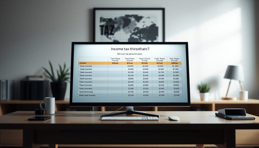 A clean, elegant income tax threshold chart displayed on a modern office desk. The chart presents income brackets and corresponding tax declaration requirements in a clear, organized layout. Soft, diffused lighting illuminates the scene, creating a professional, authoritative atmosphere. The background is a simple, uncluttered workspace with minimalist decor, allowing the chart to be the focal point. The overall composition conveys a sense of financial responsibility and attention to detail, suitable for illustrating the "Who must file personal taxes?" section of the article.