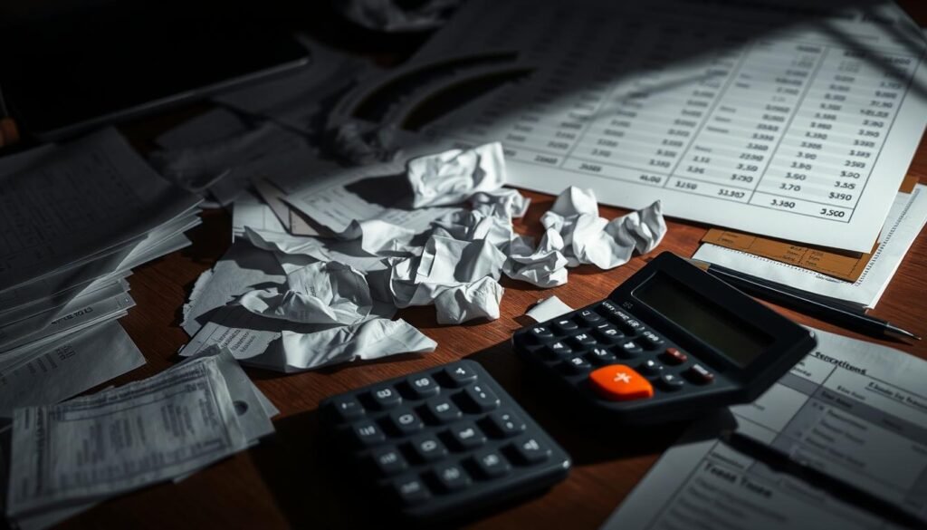 A cluttered desk with scattered papers, crumpled receipts, and a calculator displaying incorrect figures. In the background, a tattered financial chart reflects poorly performing investments. Dim lighting casts long shadows, creating an atmosphere of confusion and regret. The scene is shot from a slightly elevated angle, emphasizing the disorganized state of the investor's workspace and the consequences of making ill-informed decisions. The color palette is muted, with shades of gray and brown predominating, conveying a sense of disappointment and missed opportunities.