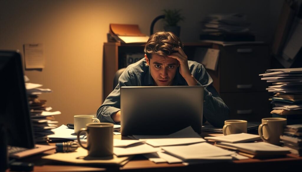 A cluttered desk with scattered paperwork, empty coffee mugs, and a frustrated person hunched over a laptop, surrounded by a dimly lit, claustrophobic office environment. Soft, warm lighting casts shadows, creating a sense of tension and anxiety. The person's expression conveys a mix of confusion, stress, and regret, highlighting the common pitfalls and mistakes often made by beginner investors. The overall scene evokes a sense of the common errors and challenges faced when navigating the world of investments.