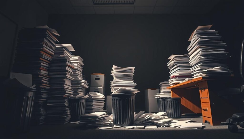 A corporate office environment with stacks of documents, overflowing trashcans, and a cluttered desk representing common mistakes that reduce return on investment. Dim lighting casts long shadows, creating a sense of frustration and disorganization. The scene is captured from a low angle, emphasizing the towering piles of paperwork and the feeling of being overwhelmed. The color palette is muted, with shades of gray and brown, further contributing to the somber mood. The overall composition conveys the idea of inefficiency, waste, and the need for optimization to improve ROI.