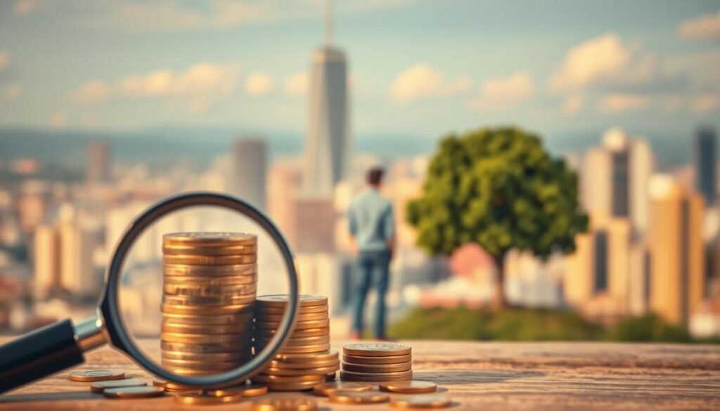A detailed illustration contrasting long-term and short-term return on investment (ROI). In the foreground, a magnifying glass examines a stack of coins, representing the immediate financial gains. In the middle ground, a person stands contemplating a large, flourishing tree, symbolizing the long-term growth and compounding effects of patient investing. The background features a cityscape, blurred to emphasize the focus on the two contrasting time horizons. The scene is bathed in warm, golden light, creating a sense of contemplation and financial prosperity. Technical details include a shallow depth of field, a wide-angle lens, and balanced, directional lighting to accentuate the key elements.