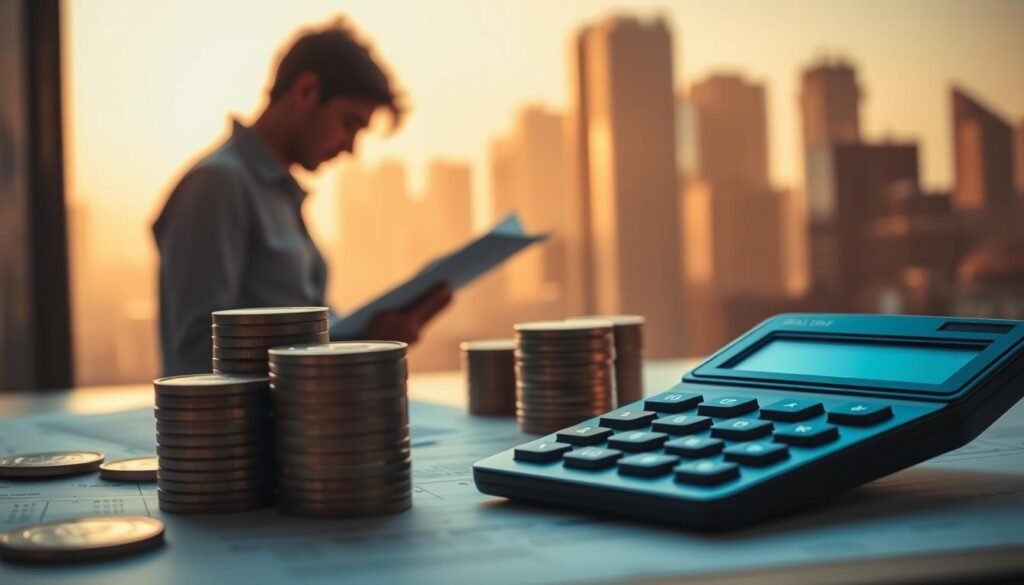 A detailed illustration of taxation on investment gains. In the foreground, a calculator and stacks of coins, representing the financial calculations involved. In the middle ground, a silhouette of a person studying financial documents, considering the tax implications. In the background, a cityscape with skyscrapers, symbolizing the broader economic context. The scene is lit by warm, subdued lighting, creating a contemplative atmosphere. The composition is balanced, with the focus on the central financial elements. The overall tone is one of thoughtful analysis of the tax obligations associated with investment income.
