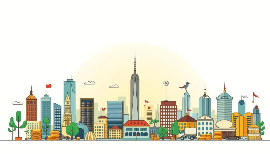 A detailed illustration of various long-term investment options against a clean, minimalist background. The foreground features diverse financial instruments such as stocks, bonds, mutual funds, real estate, and precious metals, each represented by iconic symbols or realistic depictions. The middle ground showcases a serene cityscape with skyscrapers and a serene sky, conveying a sense of stability and growth. The background is a soft, neutral gradient, allowing the investment types to take center stage. Soft, diffused lighting creates a warm, inviting atmosphere, and the camera angle is slightly elevated, providing a comprehensive overview of the investment landscape. The overall tone is informative, educational, and visually appealing, suitable for a financial guide targeting beginner investors.