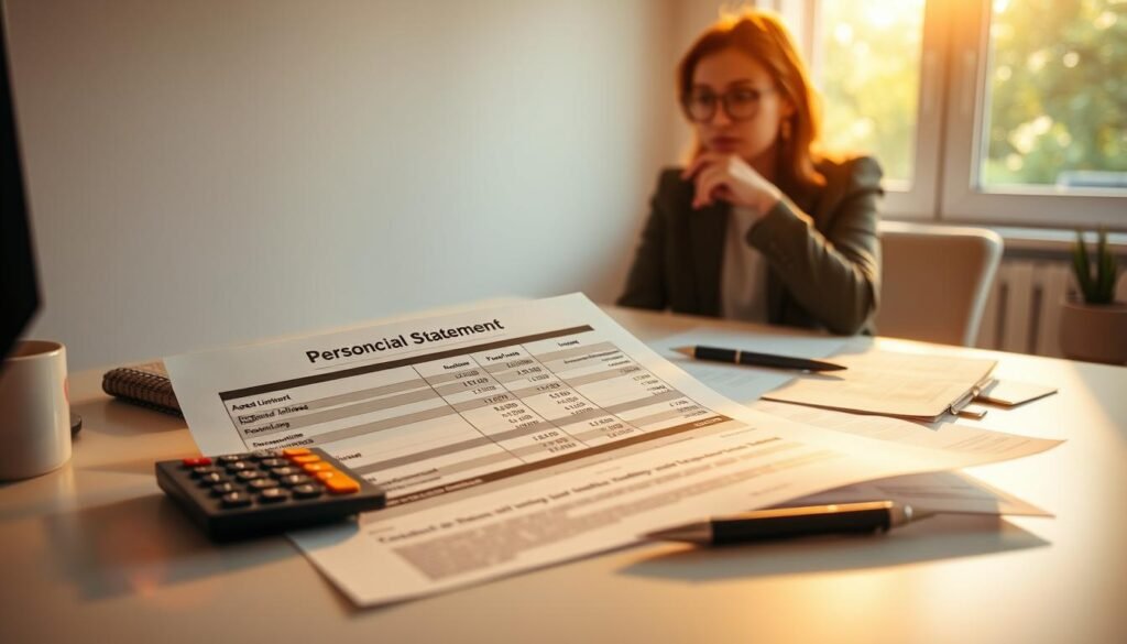 A detailed personal financial statement with assets, liabilities, and net worth prominently displayed on a clean, minimalist desk setup. Warm, natural lighting filters through a large window, casting a soft glow on the documents. A calculator, pen, and a thoughtful expression on the face of the person reviewing the information convey a sense of focus and determination to gain control of their financial situation. The overall scene reflects a calm, organized, and analytical approach to personal finance planning.