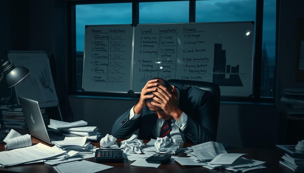 A dimly lit office setting, with a desk cluttered with financial documents, charts, and a laptop. In the foreground, a frustrated businessman slumps in his chair, hands on his head, surrounded by crumpled papers and a scattered calculator. The middle ground features a whiteboard displaying various investment strategies, some crossed out, while the background showcases a city skyline through a large window, hinting at the high-stakes world of short-term investing. The lighting is soft and moody, creating a sense of tension and unease, reflecting the common mistakes made by novice investors.
