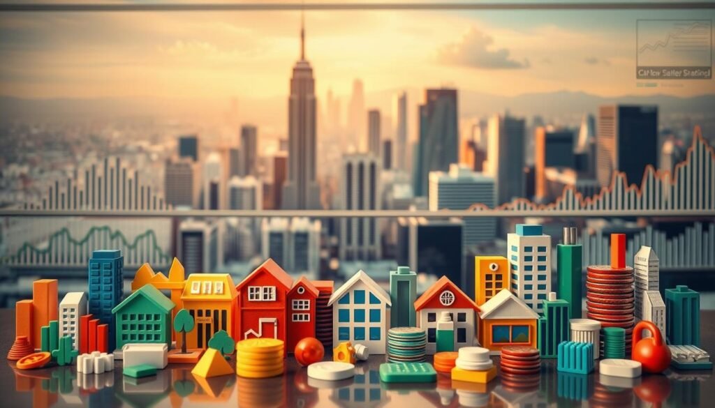 A diverse array of investment funds against a backdrop of financial charts and graphs. In the foreground, a series of colorful icons representing different fund types - stocks, bonds, real estate, commodities, and more. In the middle ground, a cityscape with towering skyscrapers, conveying the complex financial landscape. Soft, warm lighting illuminates the scene, creating a sense of stability and professionalism. The overall mood is one of informed decision-making, with the various fund options laid out clearly for the viewer's consideration.