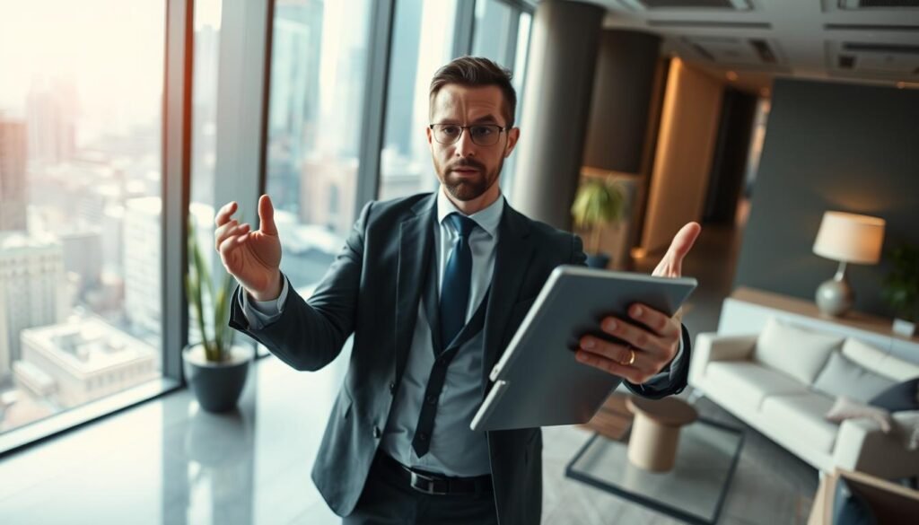 A dynamic, professional-looking scene depicting the active management of an investment fund. In the foreground, a financial advisor gesticulates animatedly while reviewing portfolio performance data on a tablet. The middle ground features a stylish office setting with clean lines and modern furnishings, conveying a sense of efficiency and expertise. In the background, a large window overlooks a bustling cityscape, symbolizing the complex, ever-changing financial landscape the fund navigates. Warm, directional lighting illuminates the scene, casting subtle shadows and highlighting the advisor's focused expression. The overall mood is one of confidence, diligence, and a proactive approach to investment management.