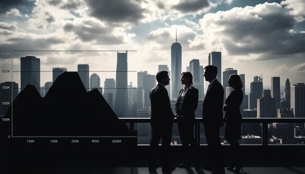 A high-contrast financial chart in the foreground, depicting different risk levels and corresponding investment strategies. In the middle ground, a group of people in business attire, each representing a different risk profile, engaged in thoughtful discussion. The background features a cityscape with towering skyscrapers, conveying a sense of the broader economic landscape. Dramatic lighting casts dynamic shadows, creating a sense of depth and complexity. The overall composition reflects the idea of tailoring investment strategies to individual risk tolerance, as outlined in the article's section on "Estrategias de inversión según tu nivel de riesgo".