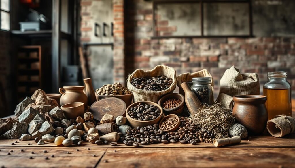A high-contrast, wide-angle shot of an assortment of raw, unprocessed materials arranged on a rustic wooden table. The foreground features a variety of natural textures and shapes - unrefined metals, uncut gemstones, rough-hewn timber, and earthy ceramics. The middle ground showcases a diverse range of raw ingredients, such as coffee beans, cocoa nibs, and spices in burlap sacks or glass jars. The background fades into a softly lit, industrial-style setting with hints of exposed brick, steel, and concrete, conveying a sense of rugged, off-the-grid authenticity. Dramatic lighting from the side casts dramatic shadows, emphasizing the raw, elemental nature of the materials. The overall mood is one of understated sophistication and adventurous, pioneering spirit.
