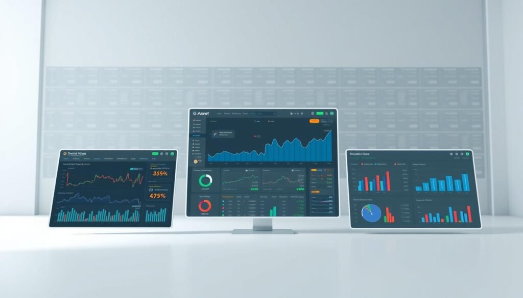 A high-fidelity digital simulation of financial portfolio platforms, featuring sleek and intuitive user interfaces. The foreground showcases a series of interactive dashboards displaying real-time market data, investment analytics, and portfolio diversification tools. The middle ground depicts a clean, minimalist design with seamless transitions between various visualization modules. In the background, a subtle grid of financial charts and graphs creates a sense of depth and complexity, complementing the practical functionality of the platform. The lighting is soft and diffuse, creating a professional and trustworthy atmosphere, while the camera angle provides a balanced and symmetrical composition that emphasizes the platform's user-centric approach to investment management.