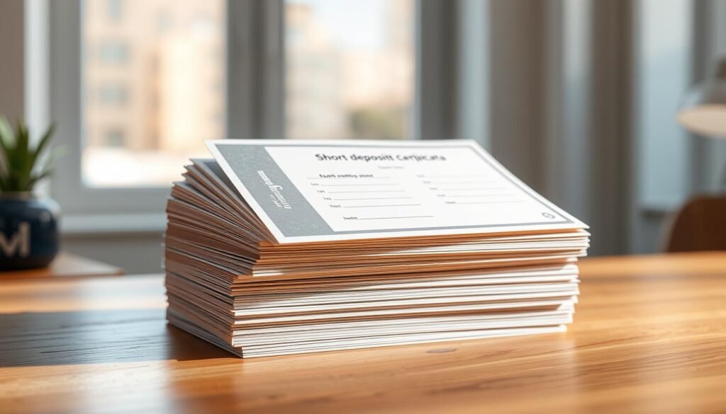 A high-quality, photorealistic image of a stack of short-term deposit certificates (certificados de depósito corto plazo) on a wooden desk, illuminated by warm, natural lighting from a window. The certificates have a clean, minimalist design with clean lines, subtle textures, and a muted color palette of grays, blues, and silvers. The desk is made of polished oak, and the background is slightly blurred, creating a sense of depth and focus on the certificates. The overall mood is professional, trustworthy, and inviting, reflecting the conservative nature of short-term deposit investments.