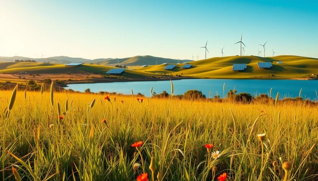 A lush, green meadow with swaying wildflowers in the foreground, a serene lake reflecting the azure sky in the middle ground, and rolling hills dotted with sustainable energy solutions like solar panels and wind turbines in the distance. The scene is bathed in warm, golden sunlight, creating a peaceful, harmonious atmosphere. The overall composition conveys a sense of environmental consciousness and responsible investment, perfectly illustrating the concept of "sustainable investment funds".