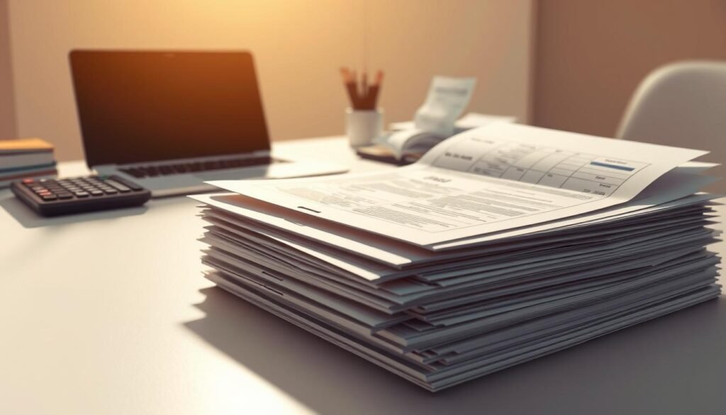 A meticulously detailed digital illustration depicting a carefully organized collection of tax-related documents and financial items. The foreground features a neatly arranged stack of forms, envelopes, and receipts, casting soft shadows on a clean, minimalist desk surface. In the middle ground, a laptop and calculator provide a sense of functionality, while the background showcases a warm, muted color palette that suggests a professional, office-like environment. The lighting is soft and natural, creating a sense of tranquility and focus, reflecting the gravity and importance of the subject matter. The overall composition conveys a sense of organization, diligence, and attention to detail - essential qualities for navigating the complexities of personal tax preparation and maximizing deductions and credits.