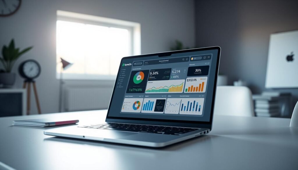 A meticulously organized financial dashboard displayed on a sleek, modern laptop. The screen showcases a clear, intuitive interface with colorful graphs, charts, and visuals, providing a comprehensive overview of personal financial data. The background features a subtle, minimalist office setting, with clean lines, neutral tones, and a sense of order and efficiency. Soft, directional lighting casts a warm glow, creating a calming and focused atmosphere. The overall impression conveys a sense of control, clarity, and effective financial management.