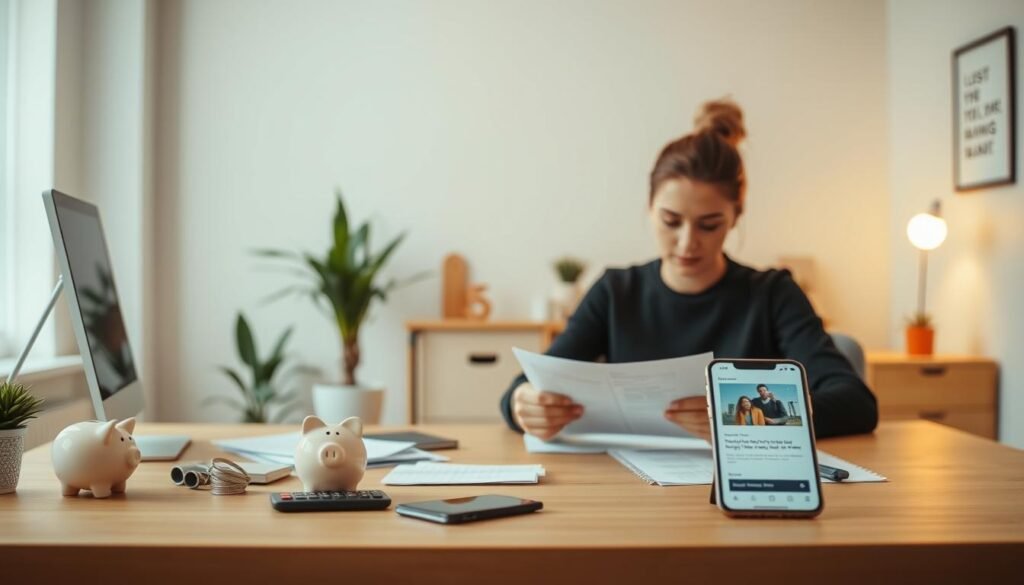 A minimalist office space with a simple, clean aesthetic. In the foreground, a person sits at a desk, intently reviewing financial documents. The middle ground features various cost-saving tools and strategies, such as a calculator, a piggy bank, and a smartphone displaying a budgeting app. The background showcases a warm, natural lighting setting, with a potted plant and a framed motivational quote on the wall, conveying a sense of focus and productivity. The overall mood is one of intentional, thoughtful financial management.