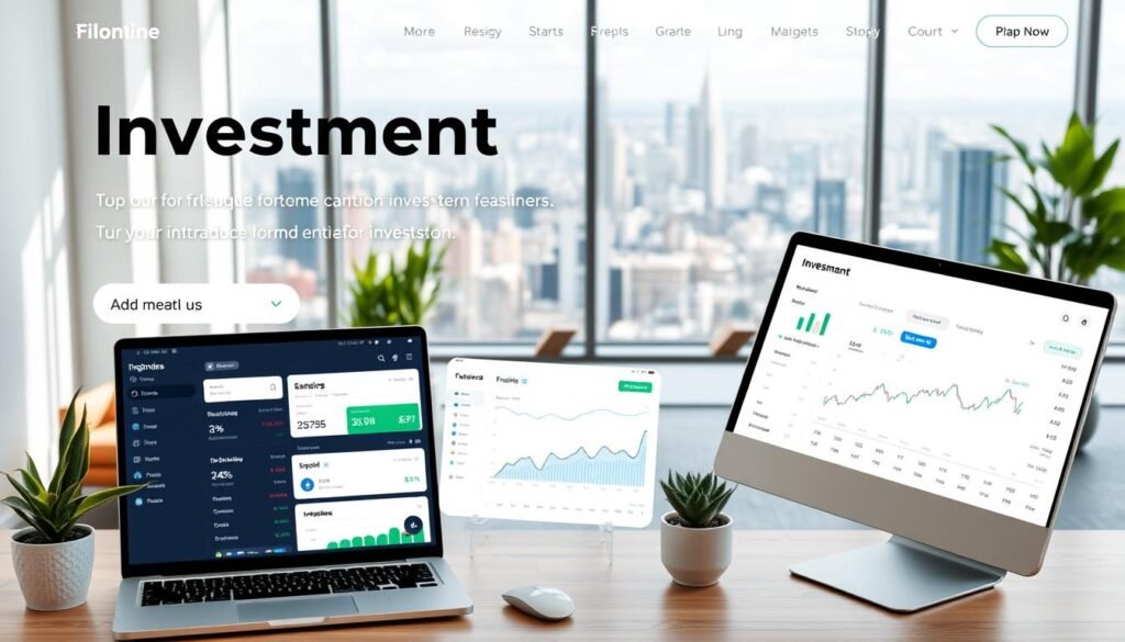 A modern, clean investment platform for beginners, featuring intuitive interfaces, clear visualizations, and user-friendly tools. The foreground showcases a sleek desktop or mobile app with easy-to-navigate menus, interactive charts, and investment portfolio tracking. The middle ground depicts a serene, minimalist office setting with natural lighting, potted plants, and hints of contemporary furnishings. The background offers a panoramic cityscape, hinting at the global reach and diverse investment opportunities available to the user. The overall mood is one of simplicity, confidence, and accessibility, inviting novice investors to explore the world of long-term investments.