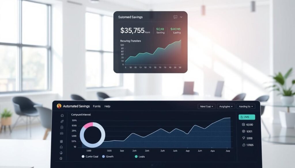 A modern financial dashboard displaying graphs, charts, and statistics related to automated savings. The foreground shows a user interface with customizable settings and tools for managing recurring transfers, monitoring progress, and adjusting savings goals. The middle ground features an interactive visualization of compound interest growth over time. The background depicts a serene, minimalist office space with natural lighting streaming through large windows, creating a sense of productivity and financial wellbeing. The overall mood is calm, organized, and empowering, reflecting the ease and control of automating one's savings.