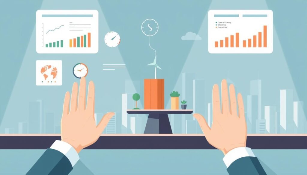 A modern, minimalist illustration of risk management strategies for short-term investments. In the foreground, a hands-on, analytical decision-making process with data visualizations, financial metrics, and risk assessment tools. In the middle ground, a balanced portfolio with diverse asset classes, carefully weighted to optimize risk-return profiles. In the background, a subtle cityscape with skyscrapers, conveying the dynamic financial landscape. The lighting is clean and crisp, with a cool color palette suggesting an objective, rational approach. The overall mood is one of informed, prudent decision-making to navigate the complexities of short-term investing.