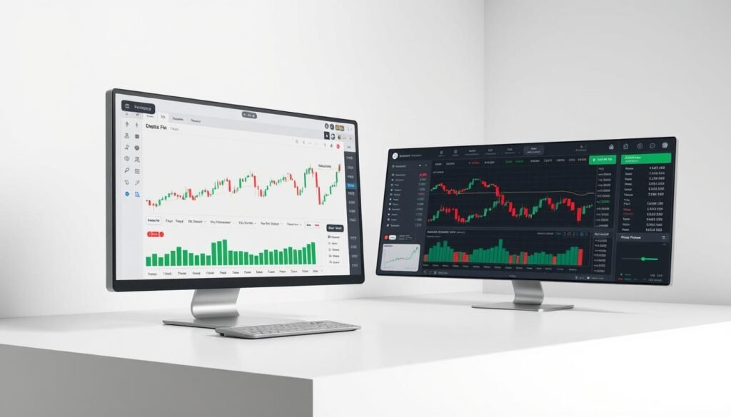 A modern, sleek trading platform with a clean, minimalist interface. The foreground features a large, high-resolution display showcasing real-time financial data and charts. The middle ground includes intuitive controls and customizable widgets for executing trades, setting alerts, and analyzing market trends. The background has a subtle, neutral color palette that enhances focus on the core functionality. Soft, directional lighting creates depth and highlights the crisp, responsive design. The overall atmosphere conveys a sense of technological sophistication, efficiency, and control - essential tools for savvy investors in the digital age.