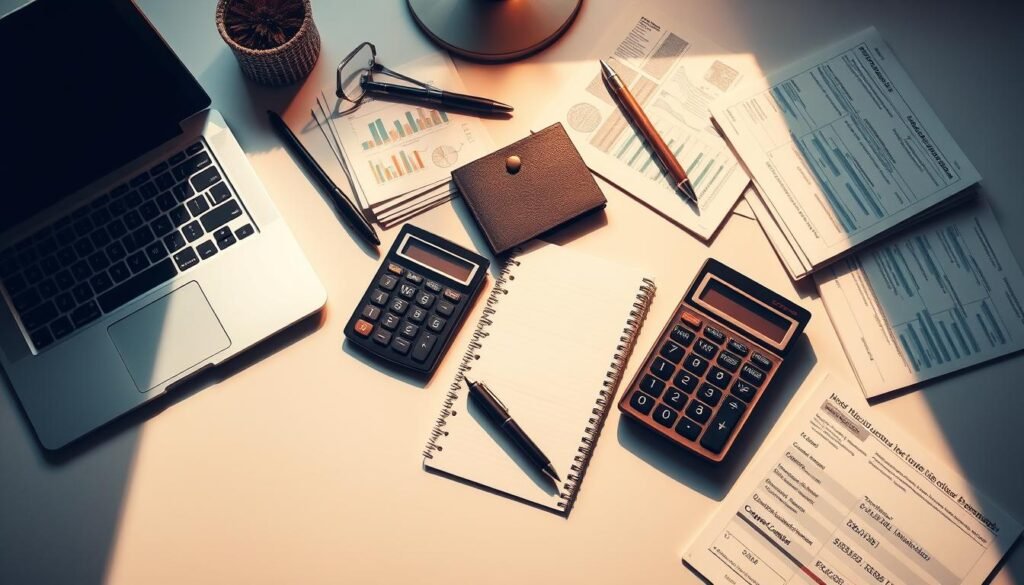 A neatly organized array of diverse investment tools and resources, including a laptop, calculator, pen, notepad, and various financial documents, artfully arranged on a clean, minimalist desk with warm, directional lighting from the side, casting subtle shadows and highlighting the textures of the materials. The overall mood is one of focused professionalism and practical productivity, inviting the viewer to envision themselves immersed in the process of implementing an investment strategy.