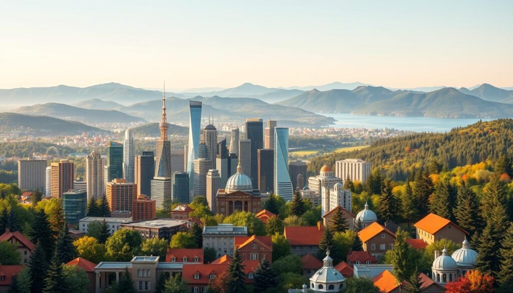 A panoramic illustration of diverse investment portfolio strategies. In the foreground, a carefully curated collection of financial instruments - stocks, bonds, real estate, and alternative assets - arranged in a harmonious, balanced composition. The middle ground depicts a cityscape with towering skyscrapers, symbolizing the vibrant global economy. In the background, a serene landscape with rolling hills, lush forests, and a tranquil lake, representing the long-term, sustainable growth that diversification can provide. The scene is illuminated by soft, warm lighting, conveying a sense of stability and security. The overall mood is one of thoughtful planning, measured risk-taking, and enduring prosperity.