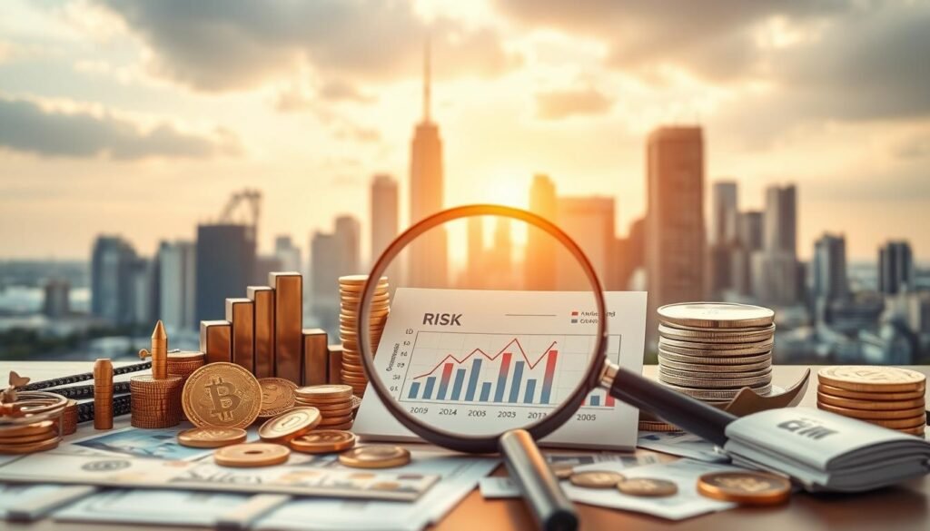 A portfolio of financial instruments arranged in a balanced composition, with a central focus on a risk management diagram. The foreground features various investment icons such as stocks, bonds, and cryptocurrency, symbolizing the diverse investment options. The middle ground showcases a magnifying glass examining a risk assessment chart, highlighting the importance of risk analysis. The background depicts a cityscape with skyscrapers, representing the financial markets. Warm lighting casts a contemplative mood, and the scene is captured with a wide-angle lens to convey a sense of depth and complexity. The overall image conveys the notion of prudent investment strategies and the careful management of risks in the stock market.