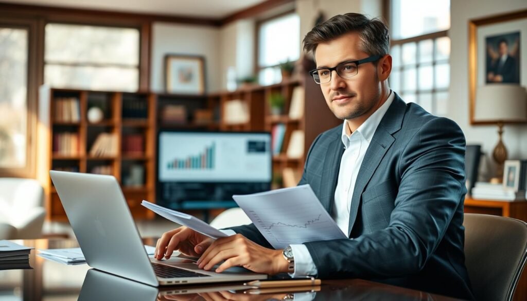 A professional financial advisor sitting at a desk, reviewing financial documents and charts on a laptop screen. The office environment is well-lit, with natural light filtering in through large windows, creating a warm and inviting atmosphere. The advisor wears a sharp, tailored suit and has a serious yet approachable expression, conveying expertise and trustworthiness. The desk is organized, with a cup of coffee, a pen, and a notepad, suggesting a focused and efficient work style. The background features tasteful decor, such as bookshelves and framed artwork, reinforcing the professional and refined setting.
