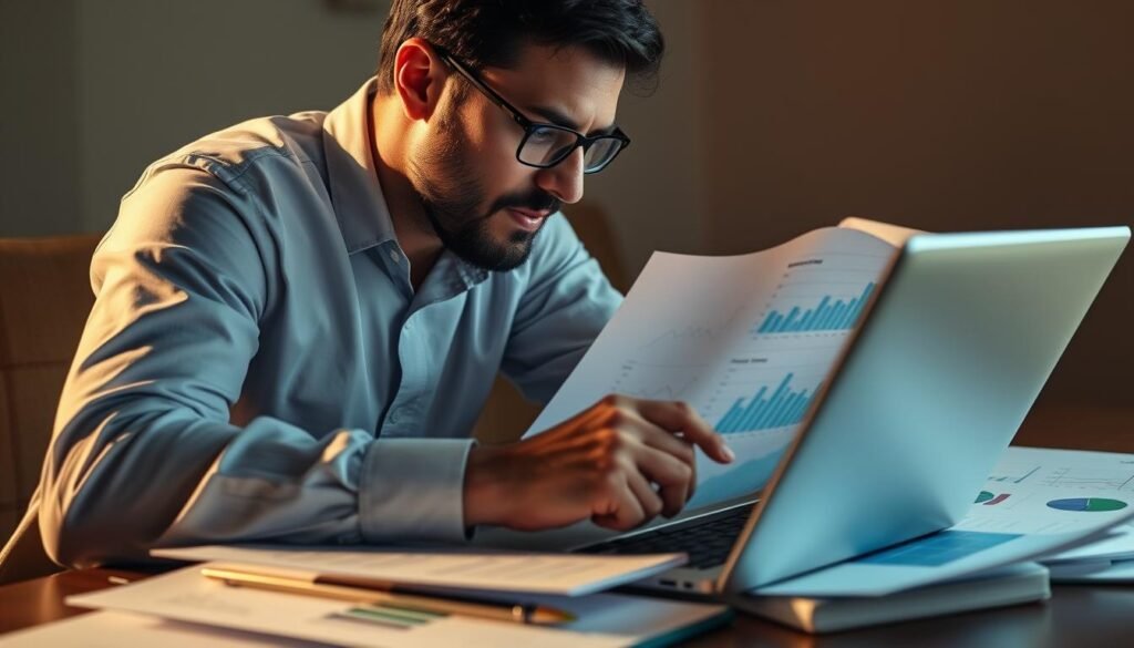 A professional investor carefully examining financial data and charts on a laptop, planning their next investment strategy with a focus on maximizing ROI. The scene is bathed in warm, directional lighting that casts subtle shadows, creating a contemplative and analytical atmosphere. The investor's expression is one of deep concentration as they meticulously consider their options, surrounded by neatly organized documents and reports. The overall composition conveys a sense of strategic planning and data-driven decision-making.