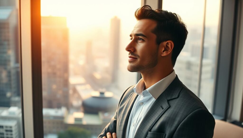 A professional, well-dressed investment broker standing in a modern office, gazing thoughtfully out a large window overlooking a bustling city skyline. Warm lighting filters through the glass, casting a soft glow on the broker's face. The broker's expression conveys confidence and expertise, reflecting their deep understanding of financial markets and ability to guide clients towards their investment goals. The office interior is sleek and minimalist, with clean lines and neutral tones that create a sense of sophisticated professionalism. The overall scene communicates the broker's role as a trusted advisor, empowering individuals to take control of their financial futures.