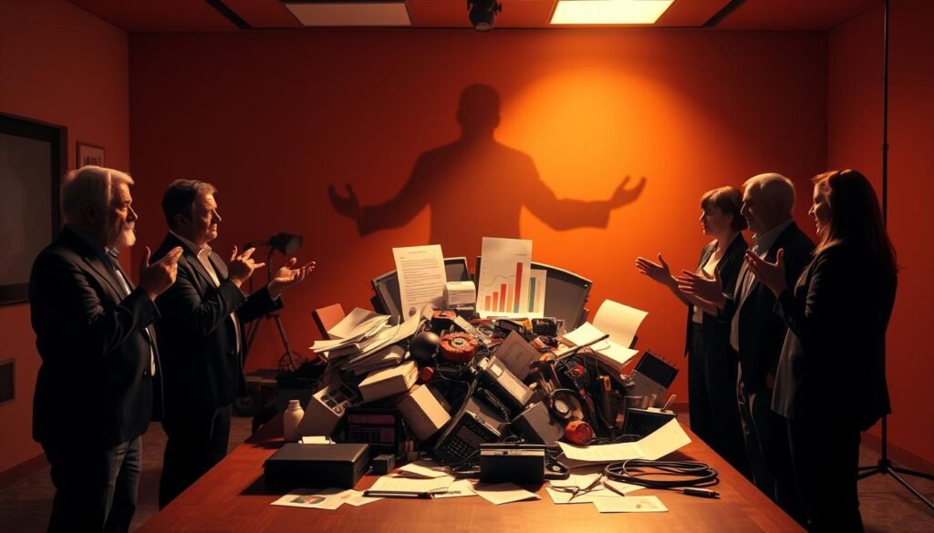 A professional, well-lit studio scene depicting common investment mistakes. In the foreground, a group of investors gesturing animatedly, expressions of confusion and frustration. In the middle ground, a jumble of financial documents, charts, and devices representing complex financial instruments. In the background, a looming shadowy figure symbolizing the risks and uncertainties of investing. Warm lighting from the side casts dramatic shadows, creating a sense of tension and unease. The overall mood is one of cautionary apprehension, highlighting the need for informed, disciplined investment strategies.