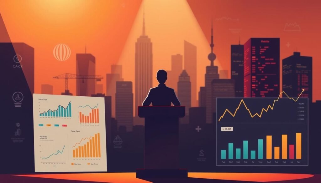 A risk profile illustration in the style of a modern financial infographic. In the foreground, a human figure standing at a podium, surrounded by financial charts, graphs, and data visualizations. The middle ground features a cityscape with skyscrapers and a stock ticker in the background, conveying a sense of the financial world. The lighting is warm and directional, creating dramatic shadows and highlights. The overall mood is one of analytical contemplation, with a focus on the key factors to consider when making investment decisions.