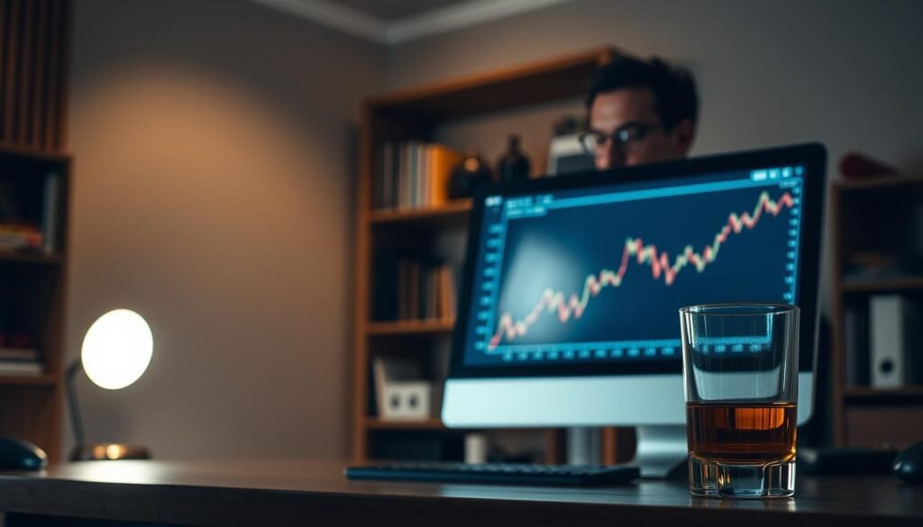 A serene, dimly lit office setting with a wooden desk and a computer monitor. In the foreground, a financial chart is displayed on the screen, representing the balance between risk and return. The chart is accompanied by a glass of whiskey and a contemplative businessman gazing intently, pondering the complexities of investment strategies. The middle ground features a carefully curated bookshelf, hinting at the depth of financial knowledge. The background is softly blurred, creating a sense of focus and introspection. The overall atmosphere conveys the gravity and thoughtfulness required when navigating the realms of investment and risk.