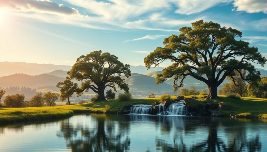 A serene financial landscape, featuring a diverse array of long-term investment options. In the foreground, a tranquil pond reflects the silhouettes of towering oak trees, symbolizing the growth and stability of prudent investments. Cascading waterfalls in the middle ground represent the steady flow of compound returns, while the background showcases a panoramic view of rolling hills and a vibrant, sun-dappled sky, evoking a sense of long-term prosperity. The overall composition conveys a sense of balance, security, and the rewards of patient, disciplined investing.