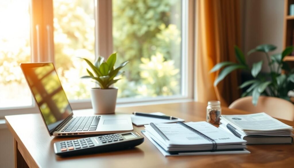 A serene home office with a laptop, notebooks, and a potted plant on a wooden desk. The background features a large window overlooking a lush, verdant garden. Warm, natural lighting floods the space, creating a cozy and productive atmosphere. On the desk, various items symbolize ways to generate additional income, such as a calculator, a stack of invoices, and a small jar of coins. The overall scene conveys a sense of focus, organization, and the potential for financial growth.
