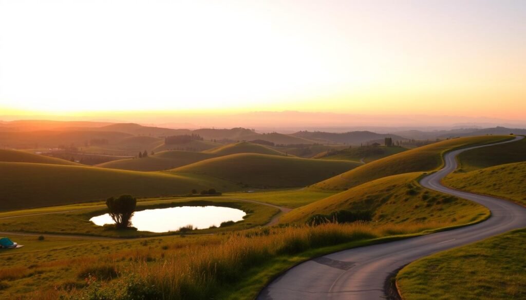 A serene landscape of rolling hills and winding roads, bathed in the warm glow of the setting sun. In the foreground, a winding path leads the eye towards a tranquil pond, its still waters reflecting the orange and pink hues of the sky. In the middle ground, rolling hills dotted with lush greenery and the occasional cluster of trees create a sense of depth and dimension. In the background, the horizon is dominated by a range of distant mountains, their silhouettes fading into the mist. The overall atmosphere is one of calm, contemplation, and the passage of time, suggesting the long-term, sustainable nature of investments.