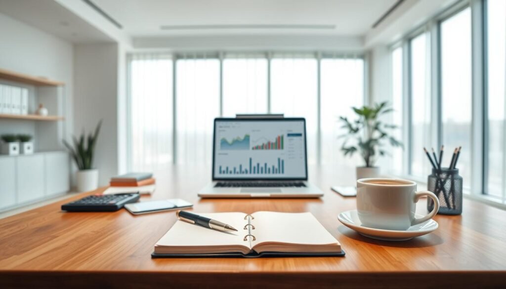 A serene, modern office space with a large wooden desk and minimal, elegant decor. On the desk, a laptop displays a financial dashboard, with charts and graphs visualizing investment strategies. In the foreground, a stylish pen and notebook invite the viewer to engage in the process of defining an investment plan. The middle ground features carefully arranged office supplies, including a calculator and a cup of coffee, suggesting a focused, contemplative atmosphere. The background showcases floor-to-ceiling windows, allowing natural light to flood the space and creating a sense of openness and clarity. The overall mood is one of professionalism, thoughtfulness, and a commitment to making informed investment decisions.