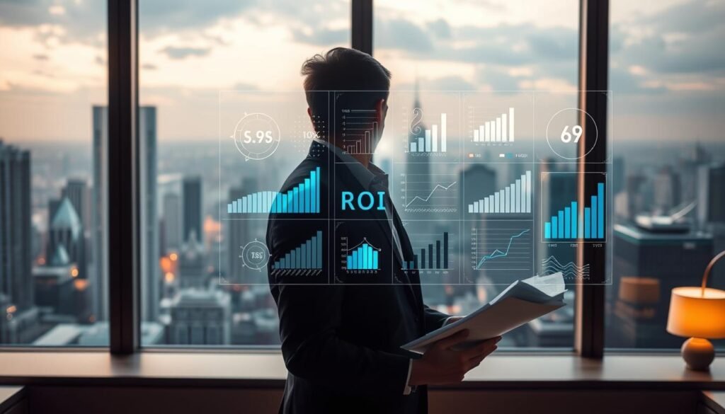 A serene office setting with a businessman standing in the foreground, his face expressing deep contemplation as he reviews financial documents. In the middle ground, a holographic display depicts various charts and graphs illustrating the benefits of ROI calculations, the data radiating an aura of clarity and insight. The background showcases a panoramic view of a bustling city skyline, symbolizing the far-reaching impact of informed business decisions. Soft, directional lighting casts a warm, professional glow, emphasizing the thoughtful, data-driven approach to maximizing returns. The overall mood is one of strategic focus, financial acumen, and the transformative power of analytical insights.