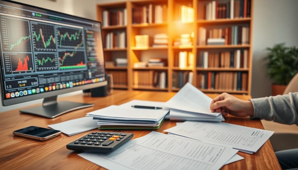 A serene, well-lit scene depicting the steps to start investing. In the foreground, a person's hands carefully arranging various financial documents, folders, and a calculator on a wooden desk. The middle ground showcases a computer monitor displaying stock charts and market data, with a smartphone nearby. In the background, a bookshelf filled with finance-related books creates a sense of knowledgeable preparation. The overall atmosphere is one of thoughtful organization, diligence, and the anticipation of a successful investment journey. Warm, natural lighting casts a positive glow, encouraging the viewer to embark on their own financial exploration.