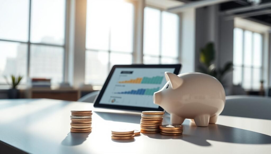 A serene, well-lit scene depicting various financial instruments and symbols of saving and investment. In the foreground, a stack of coins and a piggy bank sit atop a sleek, modern desk, casting soft shadows. In the middle ground, a tablet displays graphs and charts tracking the growth of savings and investments. The background features a minimalist, airy office setting with large windows allowing natural light to flood the space, creating a sense of openness and tranquility. The overall mood is one of financial security, growth, and the rewards of diligent saving and smart investment.