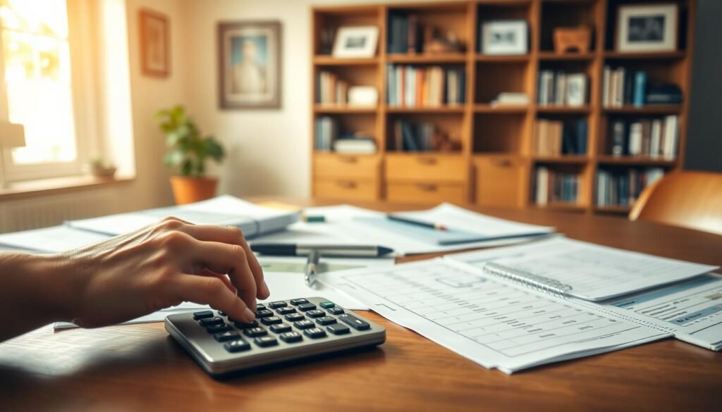 A serene, well-lit workspace with organized financial documents, ledgers, and a calculator neatly arranged on a wooden desk. In the foreground, a person's hands thoughtfully reviewing debts and expenses, conveying a sense of focused financial management. The background features a warm, natural-light-filled room with bookshelves and framed artwork, creating a calming, professional atmosphere. The overall mood is one of diligence, control, and a purposeful approach to personal financial planning and debt reduction.
