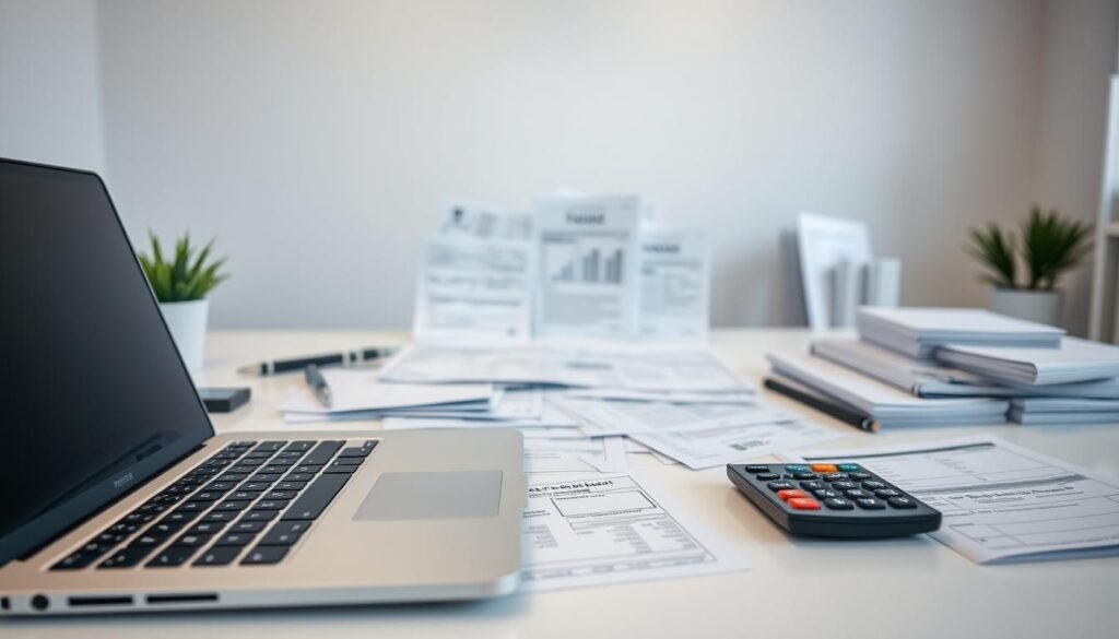 A sleek, modern office desktop featuring a laptop, calculator, and various digital and physical tax preparation documents. The foreground showcases free tax software options, with clear icons and labels. The middle ground has a well-organized array of forms, receipts, and financial statements. The background depicts a clean, minimalist workspace with a soothing color palette, hinting at the efficiency and simplicity of the tax filing process. Soft, indirect lighting creates a professional, focused atmosphere, while a subtle depth of field draws the viewer's attention to the key tax preparation tools and resources.