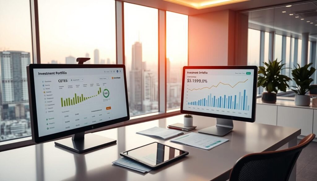 A sleek, modern office interior with clean lines and minimalist decor. In the foreground, a desktop computer display shows a detailed investment portfolio with CETES (Certificados de la Tesorería) highlighted prominently. The middle ground features a neatly organized desk with a tablet, financial documents, and a stylized graph or chart illustrating short-term investment strategies. The background depicts a large window overlooking a bustling city skyline, bathed in warm, diffused lighting that creates a sense of professionalism and financial success.