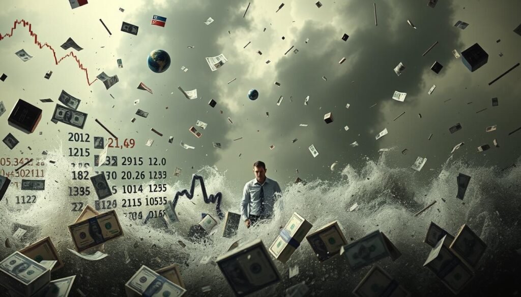 A striking image depicting the risks of short-term investing. In the foreground, a chaotic whirlwind of financial charts, graphs, and numbers, swirling and colliding, symbolizing the volatility and uncertainty inherent in short-term market fluctuations. In the middle ground, a lone investor, their face etched with concern, standing amidst the storm, highlighting the emotional toll of navigating such turbulent waters. The background fades into a hazy, muted palette, conveying a sense of unease and the potential for significant losses. The lighting is dramatic, casting deep shadows and highlighting the ominous nature of the scene. The overall composition and mood evoke a sense of the perils and pitfalls that can befall those who venture into the high-risk world of short-term investing.