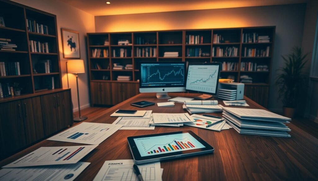 A stylish home office interior with a large wooden desk, a sleek computer setup, and various financial documents, reports, and graphs neatly organized. Warm, indirect lighting illuminates the scene, creating a pensive, focused atmosphere. On the desk, a tablet or smartphone displays colorful charts and infographics, illustrating different investment strategies. Bookshelves in the background hold a collection of finance and investment-related books. The overall composition conveys a sense of financial acumen, strategic planning, and a disciplined approach to successful investing.