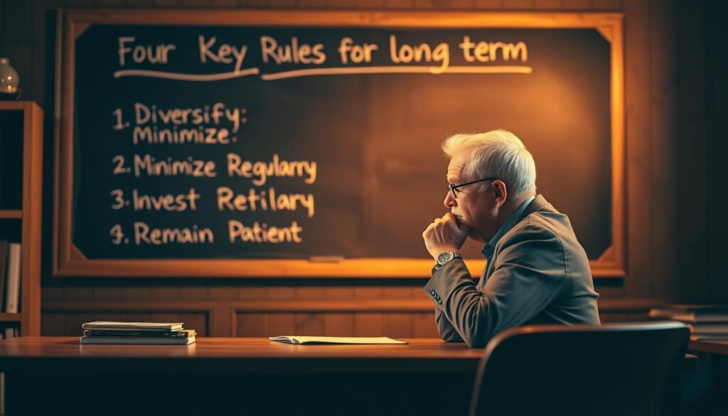 A thoughtful investor sits at a wooden desk, deep in contemplation. Behind them, a wall-mounted chalkboard displays the "Four Key Rules for Long-Term Investing": Diversify, Minimize Fees, Invest Regularly, and Remain Patient. Warm, golden lighting casts a serene glow, evoking a sense of wisdom and experience. The scene is captured through a tilt-shift lens, slightly blurring the foreground and background to focus the viewer's attention on the central figure and the investment principles. The overall mood is one of calm, deliberation, and a commitment to long-term financial security.
